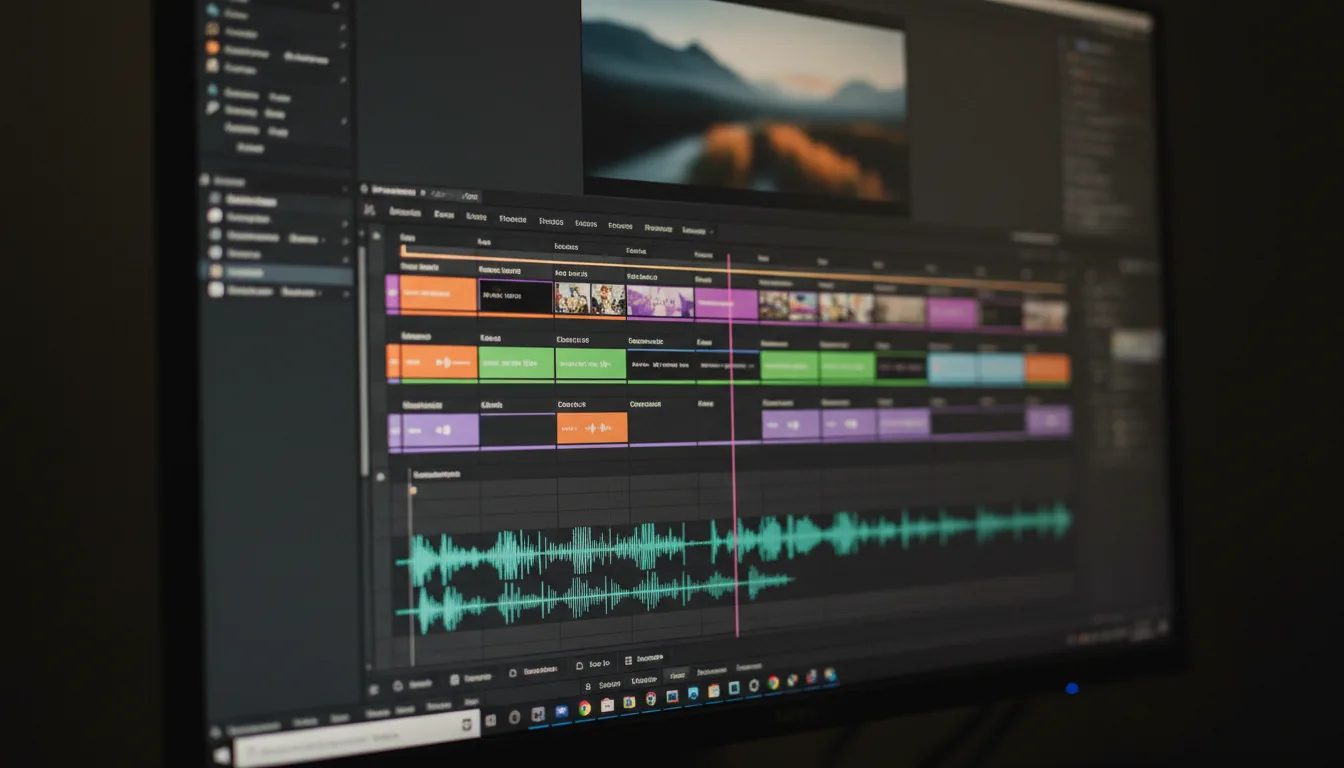 DSLR close-up photograph of a computer monitor displaying the Adobe Premiere Pro video editing software, shot at a slight angle. The interface is in a modern dark mode, with a sharp focus on a complex central timeline containing colorful video clip thumbnails and vibrant teal audio waveforms. A thin pink playhead line cuts vertically across the tracks. The lighting comes entirely from the screen's glow in a dark room. The image has a shallow depth of field, with the upper video preview and lower toolbar areas softly blurred. A visible pixel grid and natural photographic grain add texture and realism.