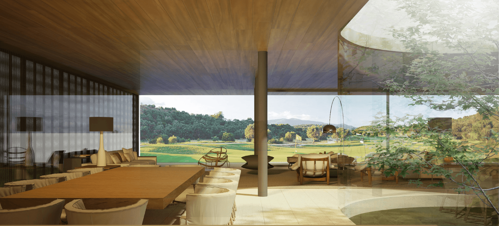 Floating House main living area: Expansive open-plan space with a rich artisan timber ceiling, designed for grand entertaining and relaxation.