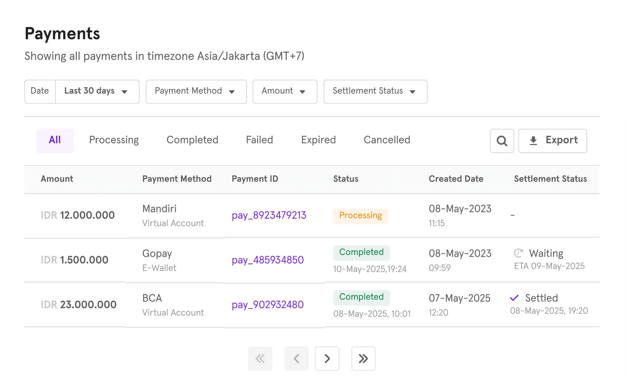 Payment dashboard on Durianpay listing payments with method type and real-time status indicators