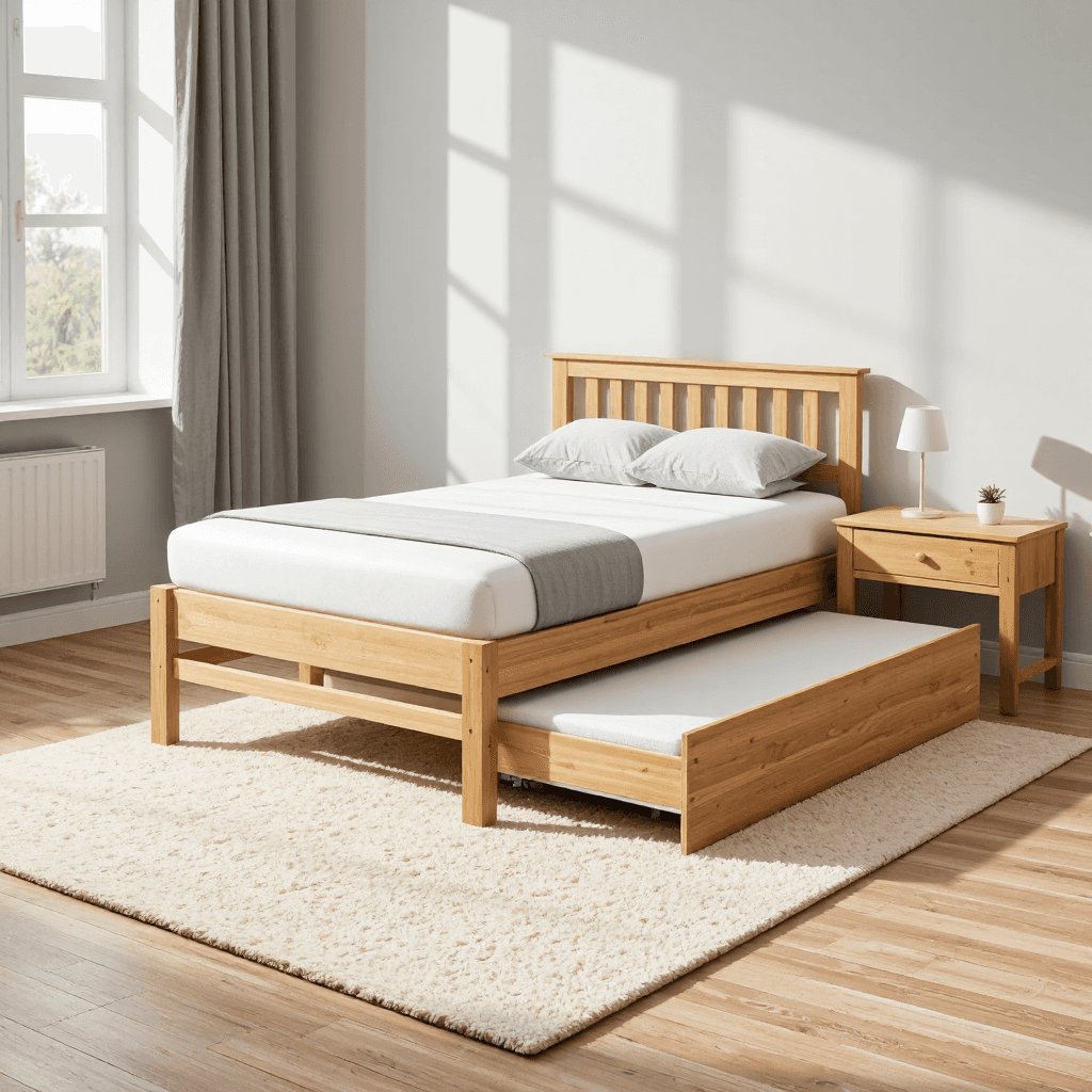 product photography of a single bed with a pull-out trundle