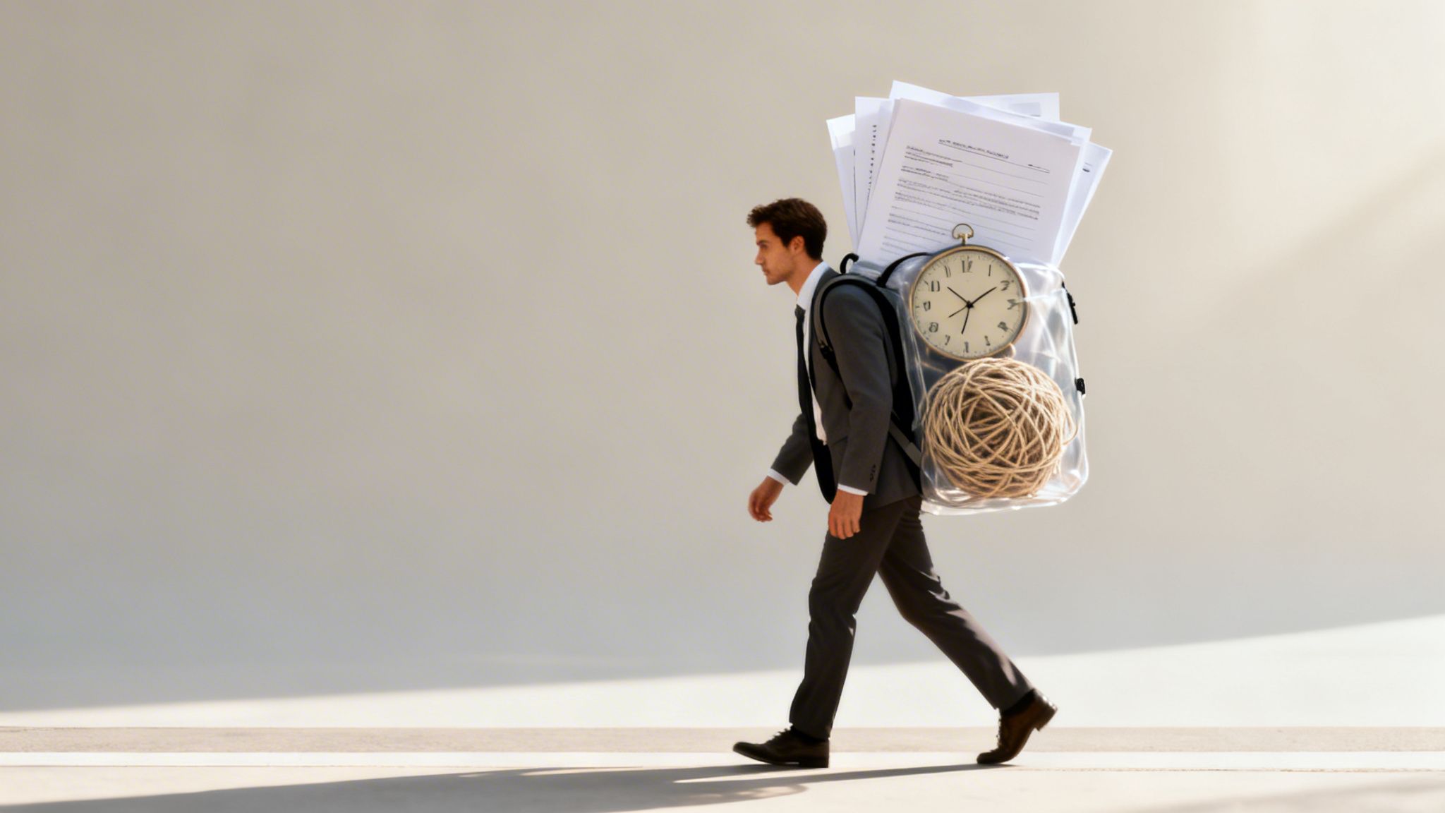 Man i kostym bär en stor, genomskinlig ryggsäck fylld med papper, en klocka och ett snörnystan.
