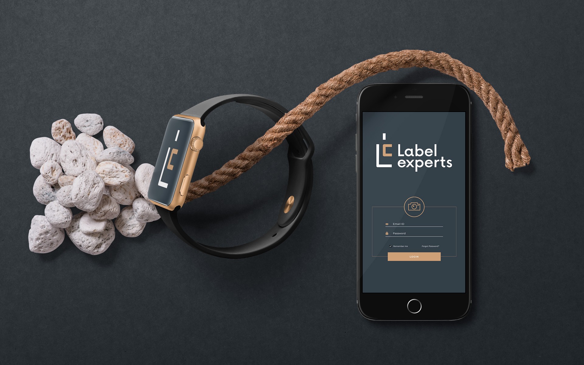 Application of the Label Experts identity across digital devices with a dark palette and metallic accents