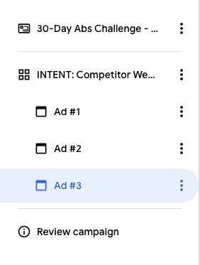 YouTube ad campaign structure in the ad account sidebar