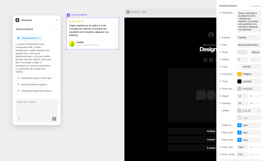 Composant card témoignage créé avec Workshop et ses propriétés dans le panneau droit Framer