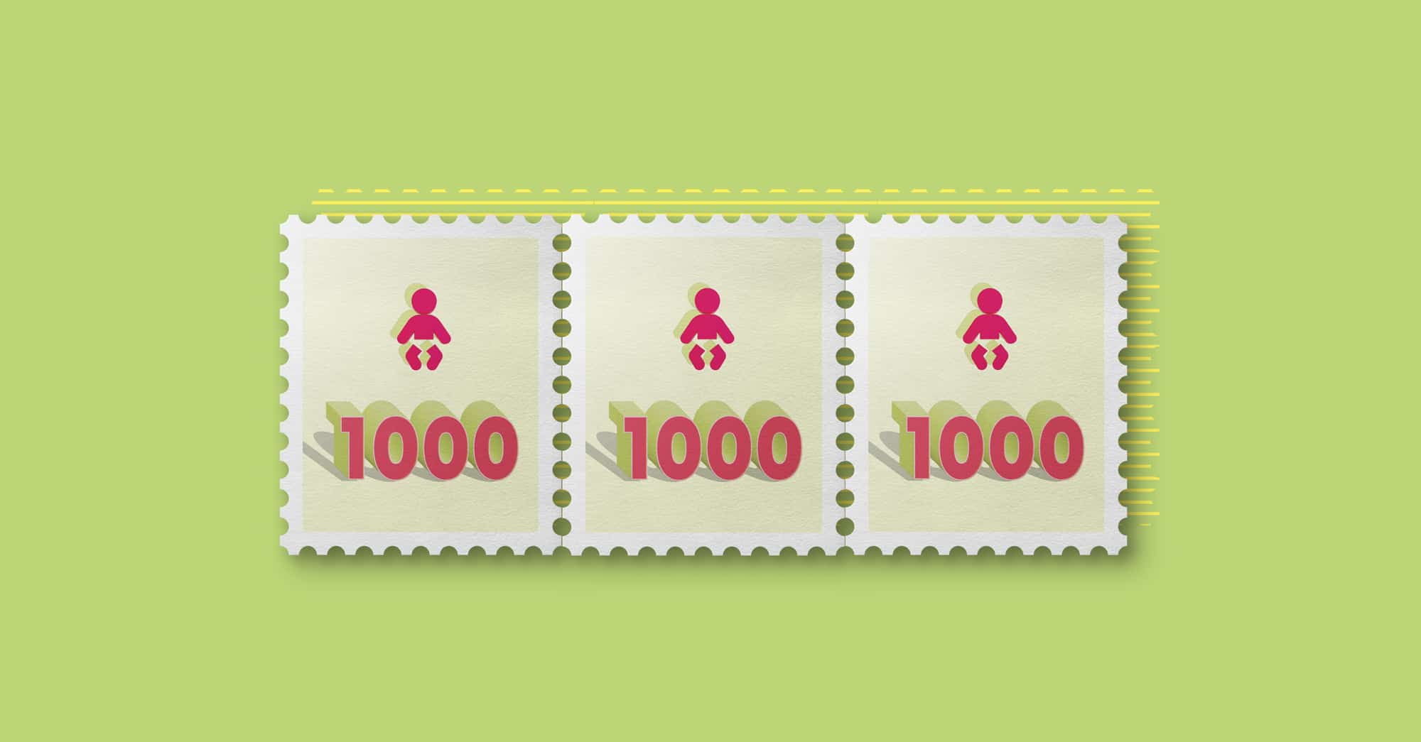 Estampillas verdes con íconos de bebé y número mil.