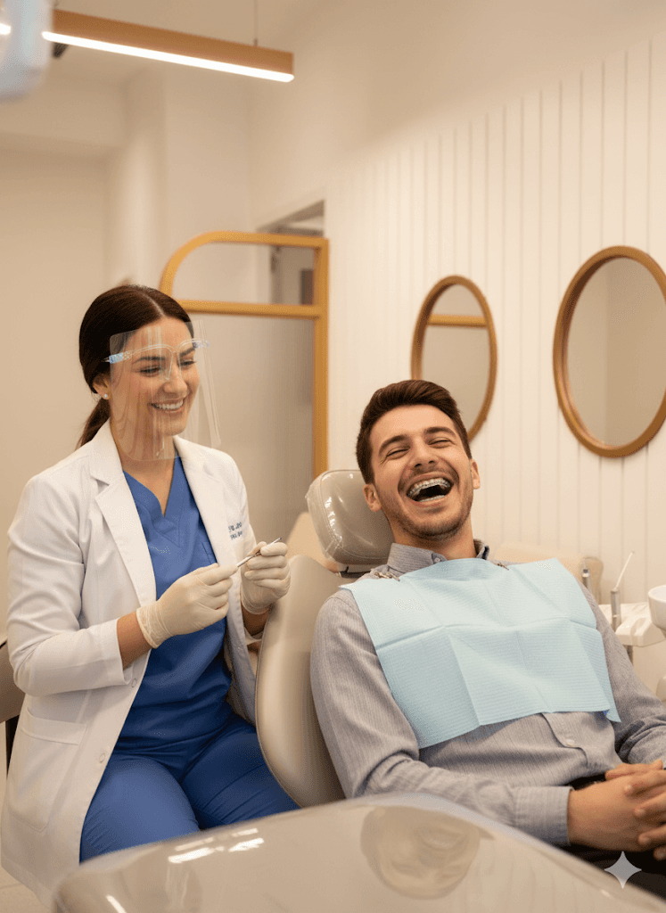A patient in the orthodontic chair, laughing with the dentist during a routine adjustment.