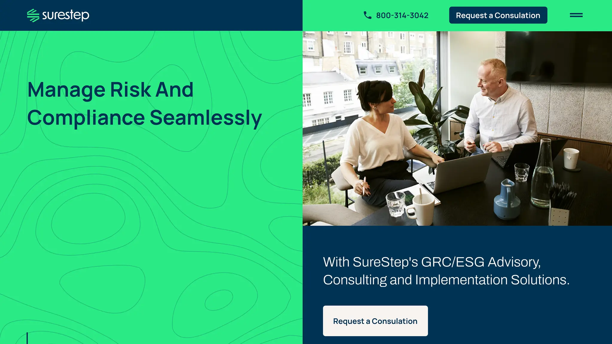 SureStep website section highlighting manage risk compliance seamlessiv domitin imamention