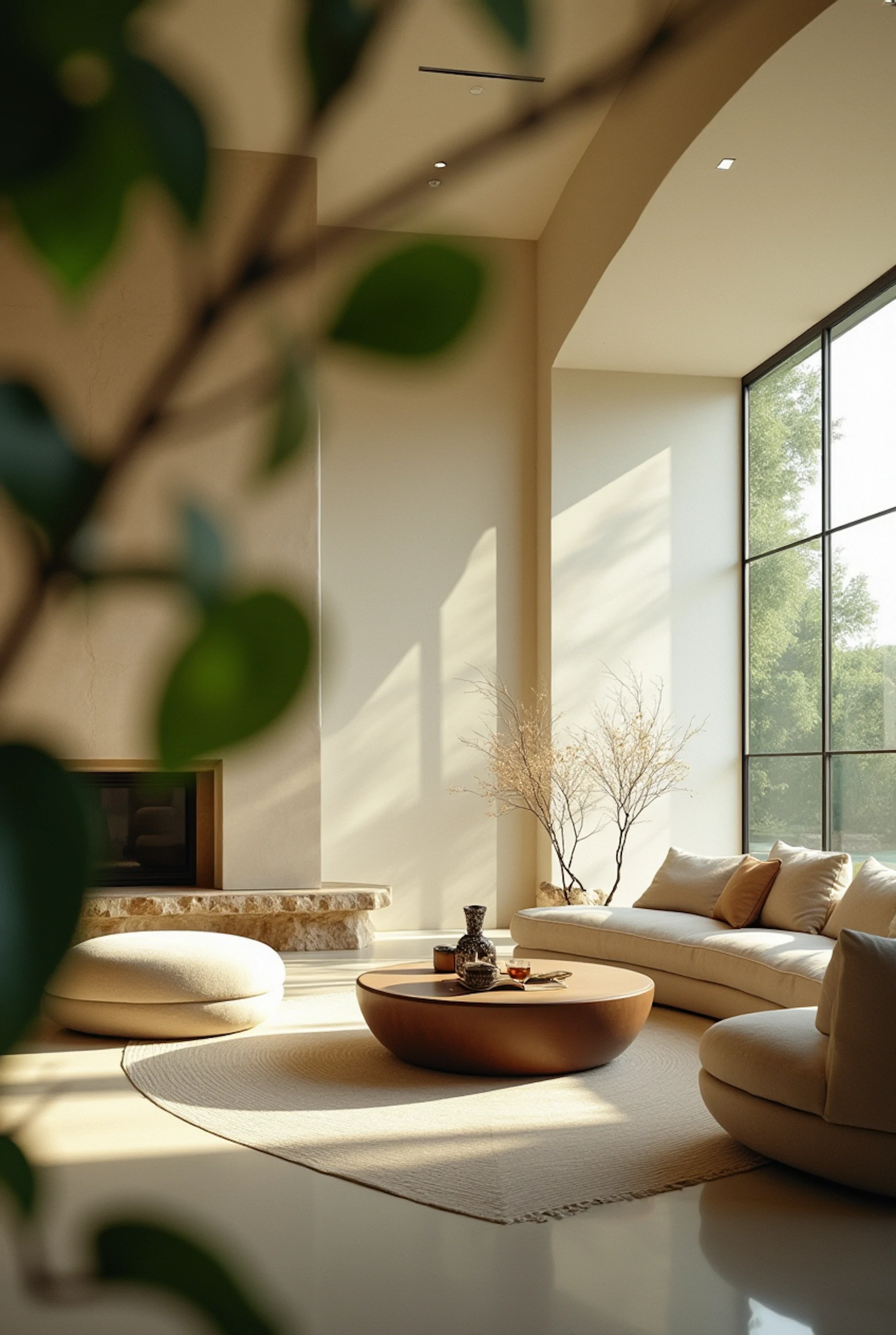 Serene living room with layered neutral textures, sculptural furniture, and blurred botanical foreground creating depth.