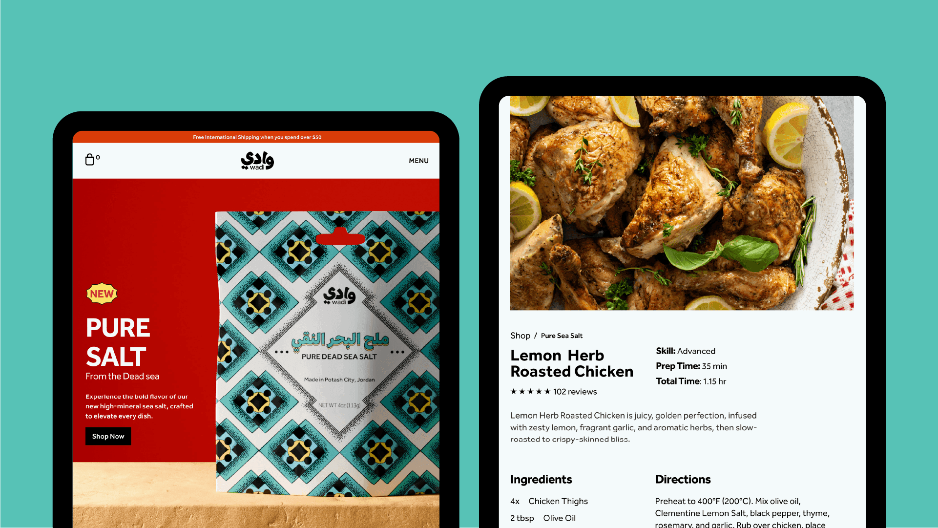 A mockup of wadi's salt website showcasing recipies and landing page on ipad