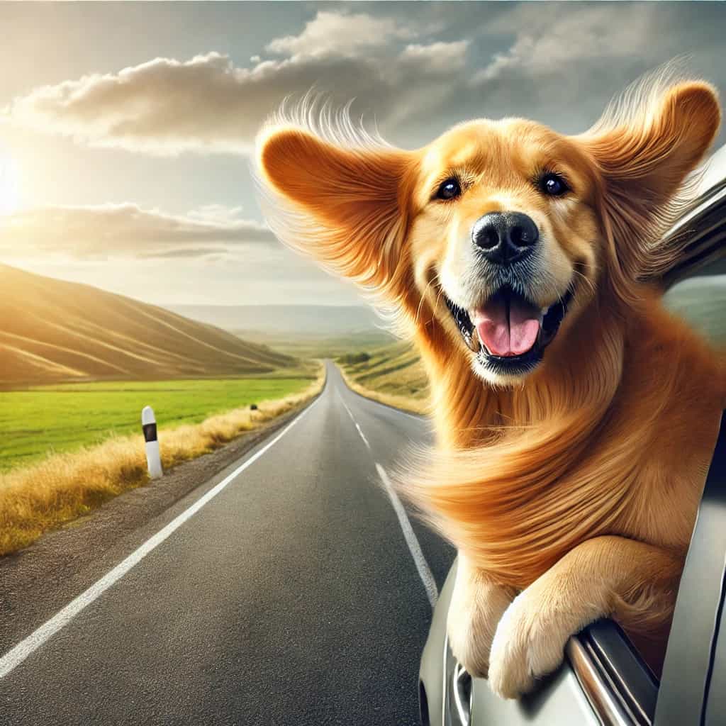 Happy dog enjoying a car ride – safe and stress-free pet transport UK-wide