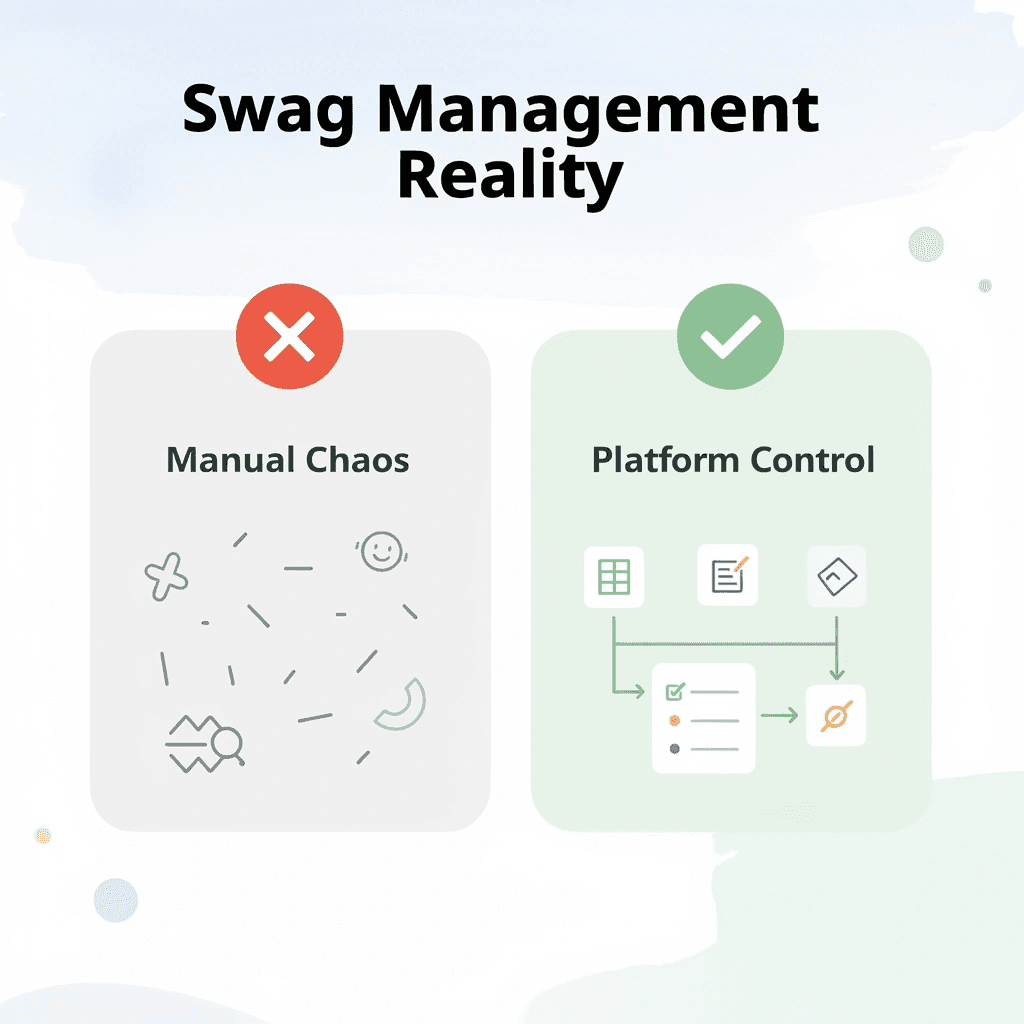 Before and after comparing manual swag coordination versus using a swag management platform