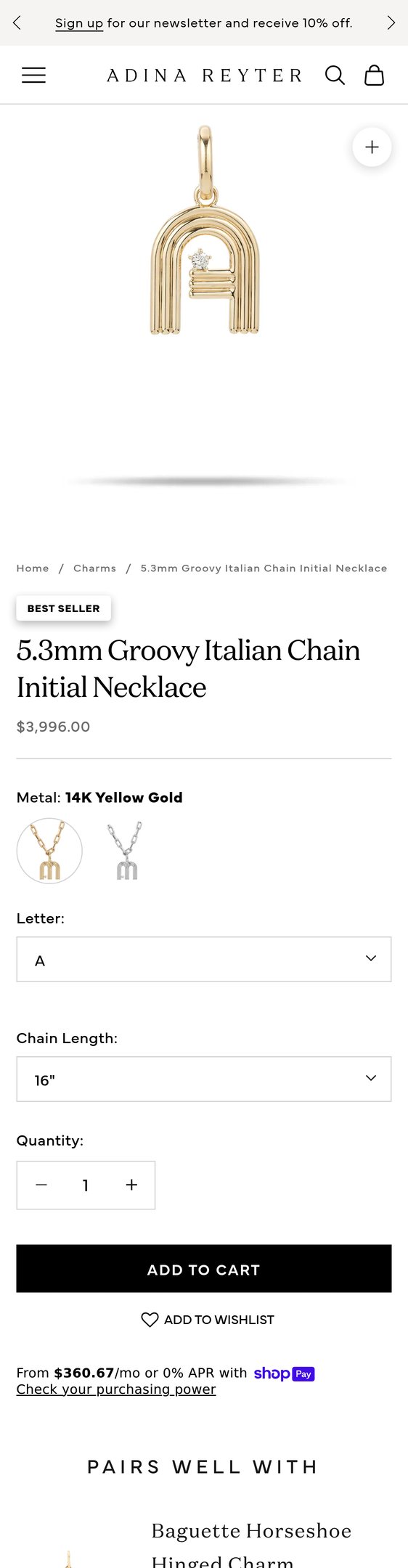 Jewelry product options include: necklace, pendant, chain for 5.3mm Groovy Italian Chain Initial Necklace from Adina Reyter.