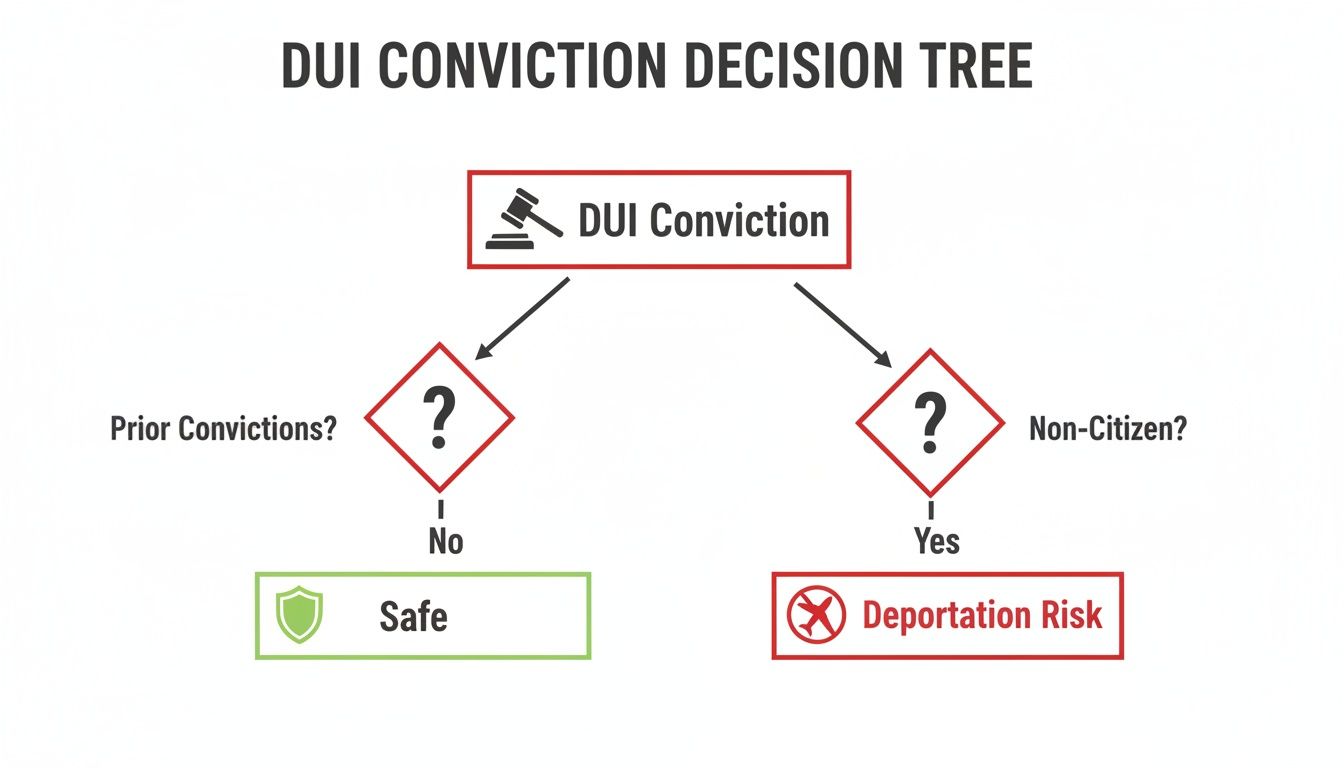 A DUI conviction decision tree illustrating outcomes based on prior convictions and non-citizen status.