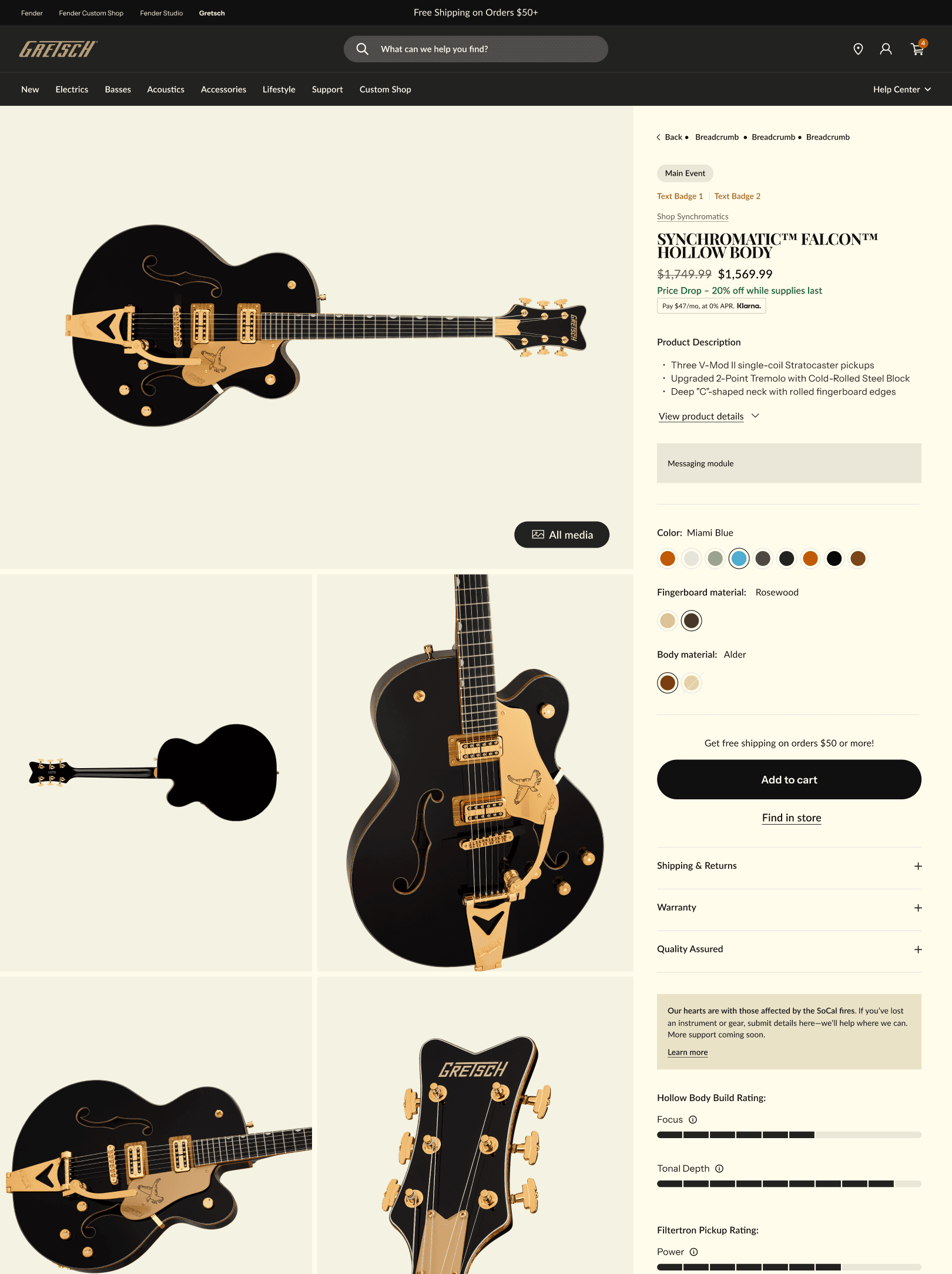Gretsch product detail page for the Synchromatic Falcon Hollow Body with gallery, color swatches, and Add to Cart.