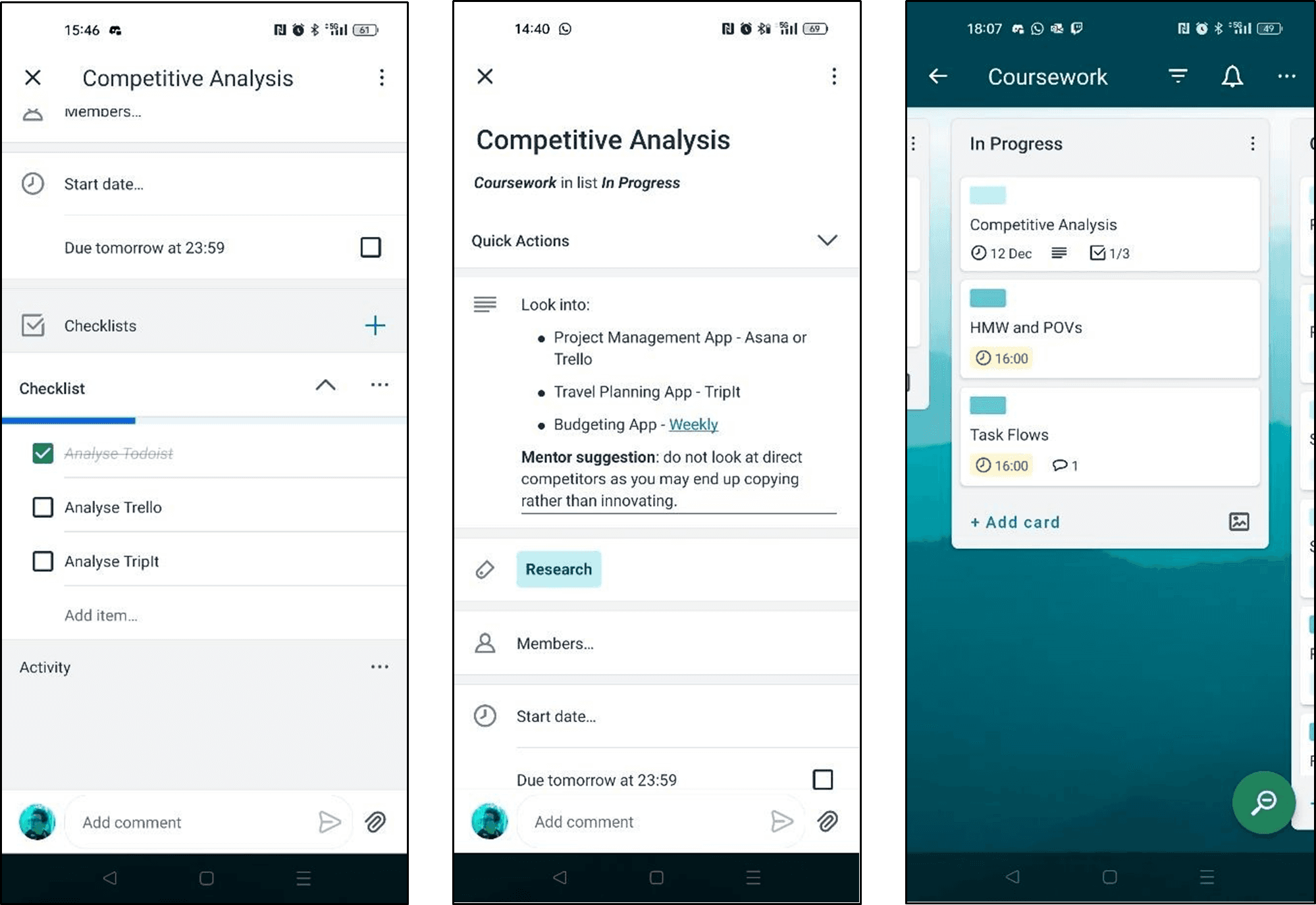 Three screenshots, showing the checklist and task UI for Trello.