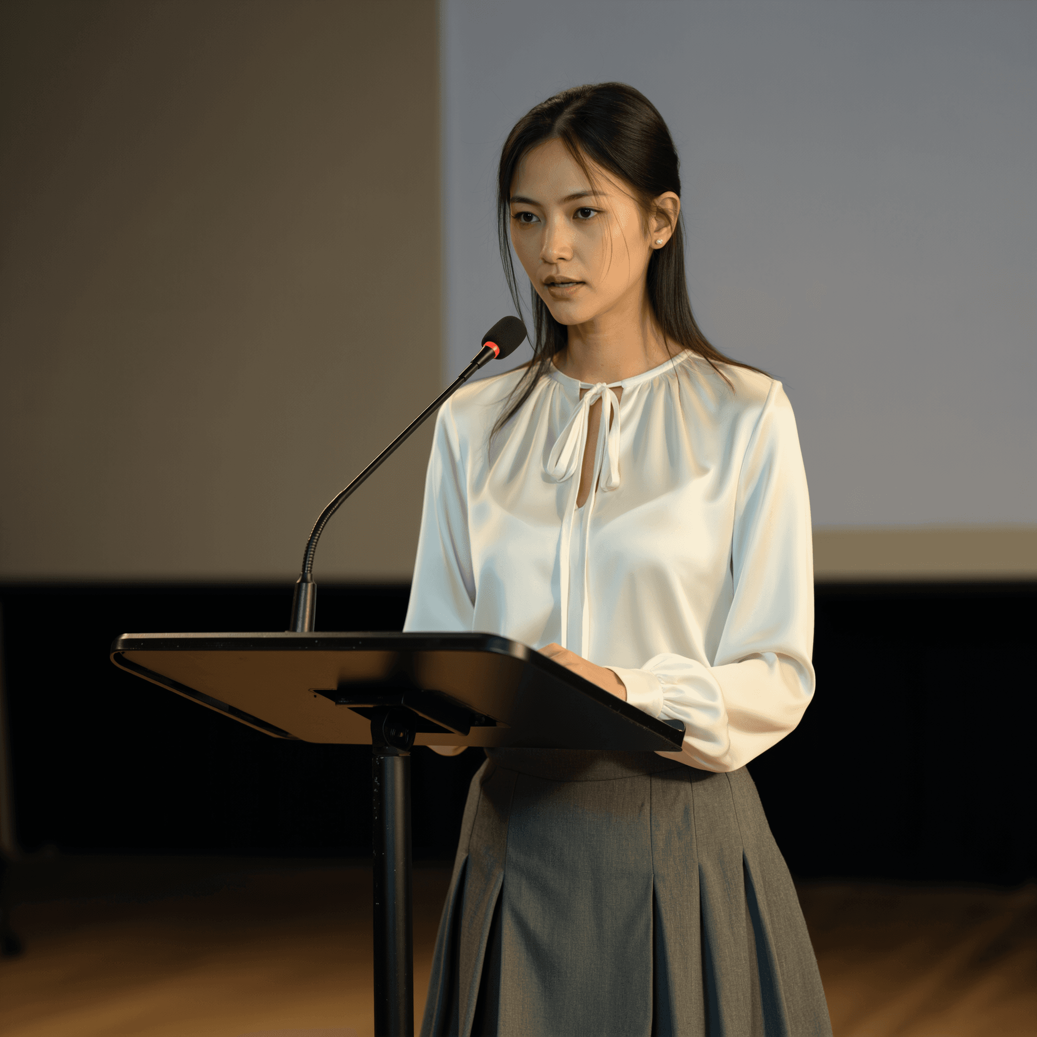 KI-generiertes weibliches Model hält eine Rede am Rednerpult und spricht in ein Mikrofon; trägt eine elegante weiße Bluse und grauen Faltenrock – Business-Konferenz, Präsentation oder Vortragsszene.