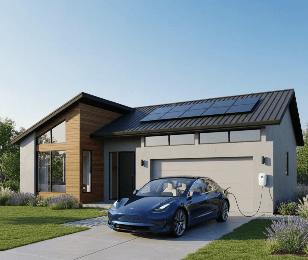 photo d'une voiture électrique branchée à une maison avec des panneaux solaires