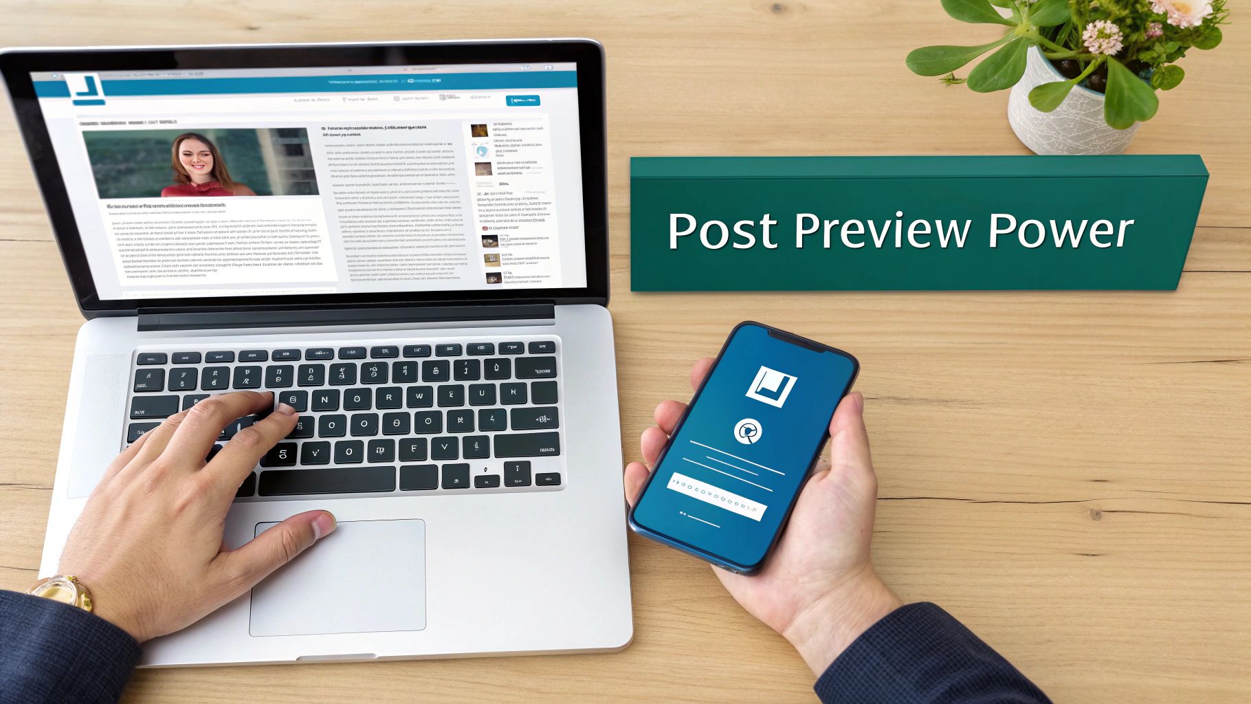 Person using a laptop and phone, viewing a social media post preview, with 'Post Preview Power' text.