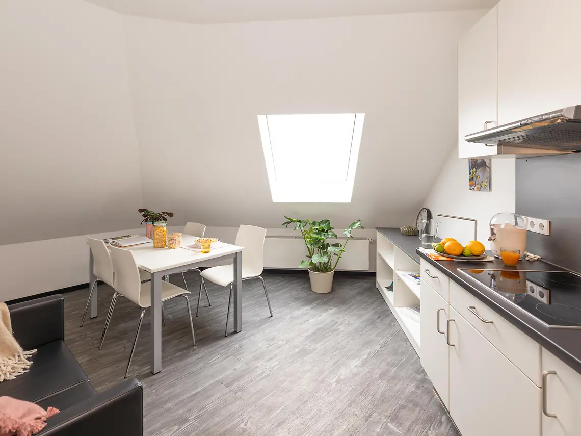 Kitchen and dining area in student accommodation in Münster with skylight and modern cooking facilities