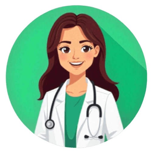 The image features an animated female doctor with brown hair, wearing a white coat and stethoscope, set against a green circular background.