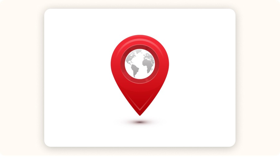 Red location icon with a globe at the center, representing the geographic coverage of logistics warehouses for ecommerce order fulfillment.