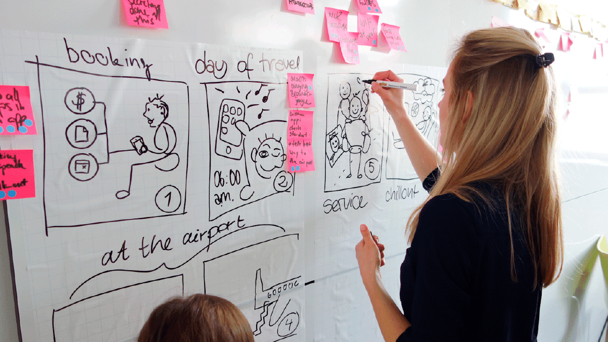 Woman drawing a wireframe on a whiteboard