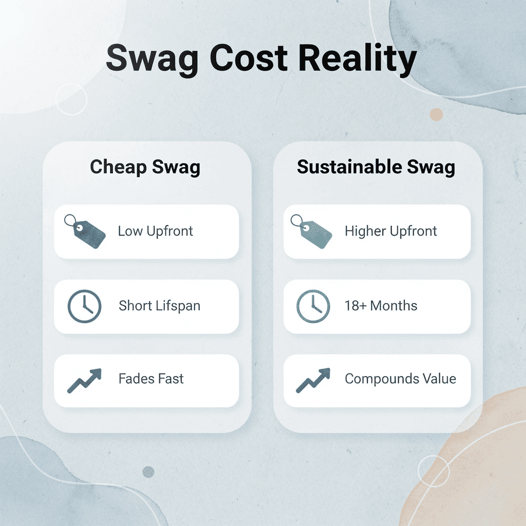 Two-column comparison of cheap swag versus sustainable swag across key factors