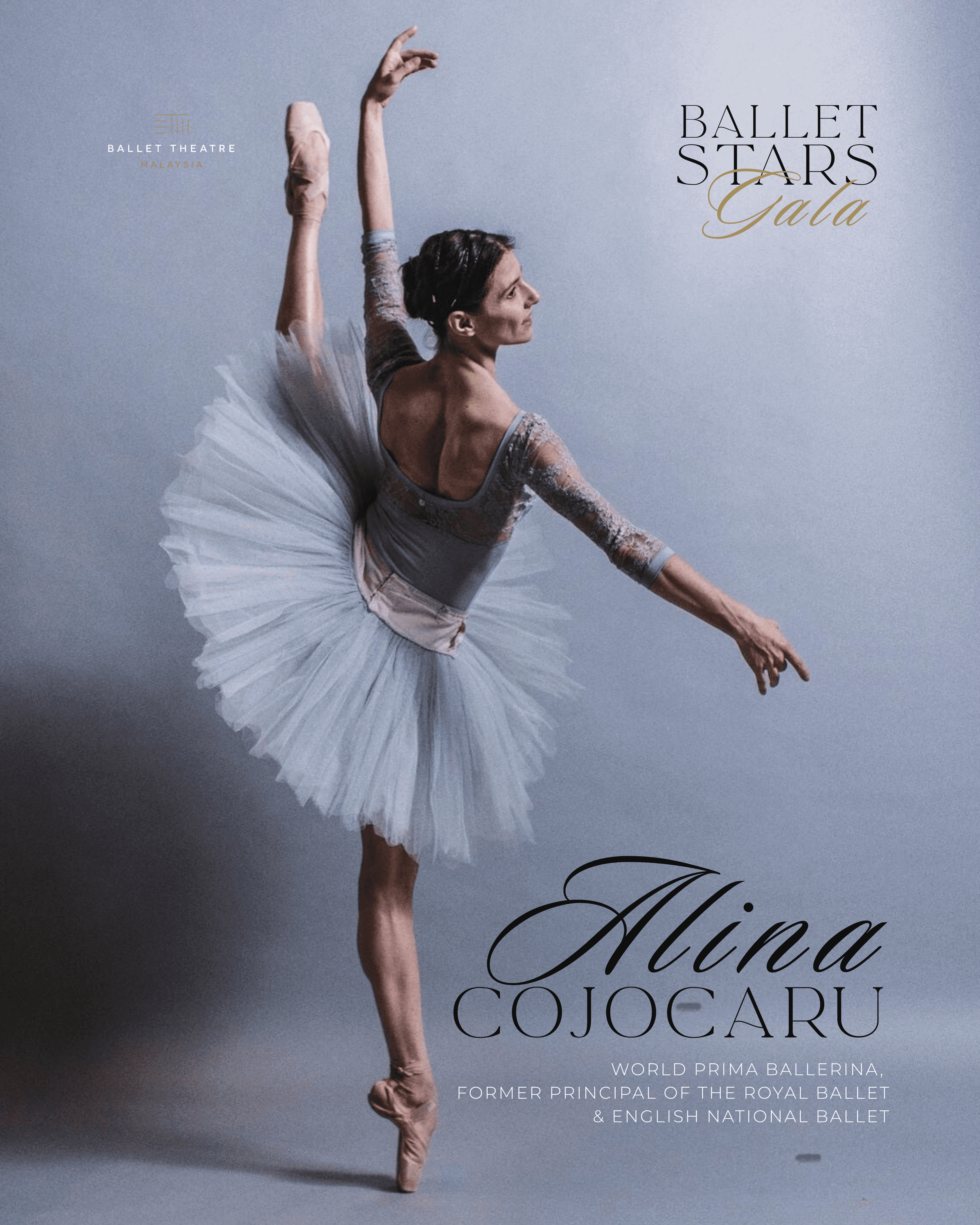 A female ballet dancer gracefully performing an arabesque pose in a light blue tutu against a soft gray background.