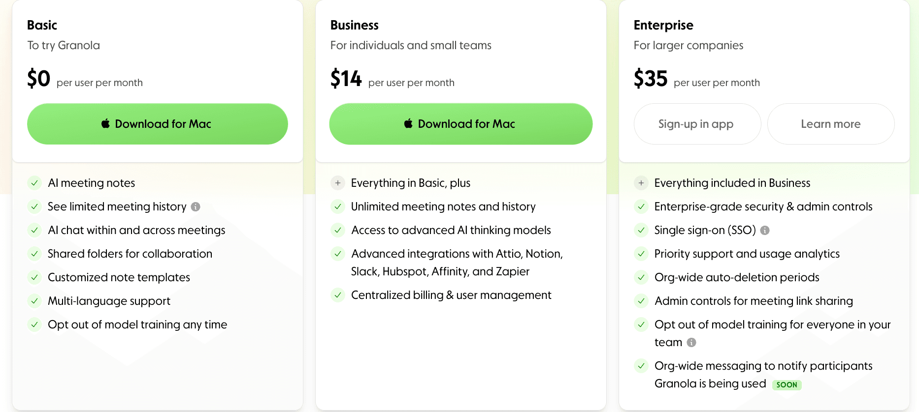 Granola pricing table with three plans: Basic ($0), Business ($14/user/mo), and Enterprise ($35/user/mo), each with AI notes, history, and security features.