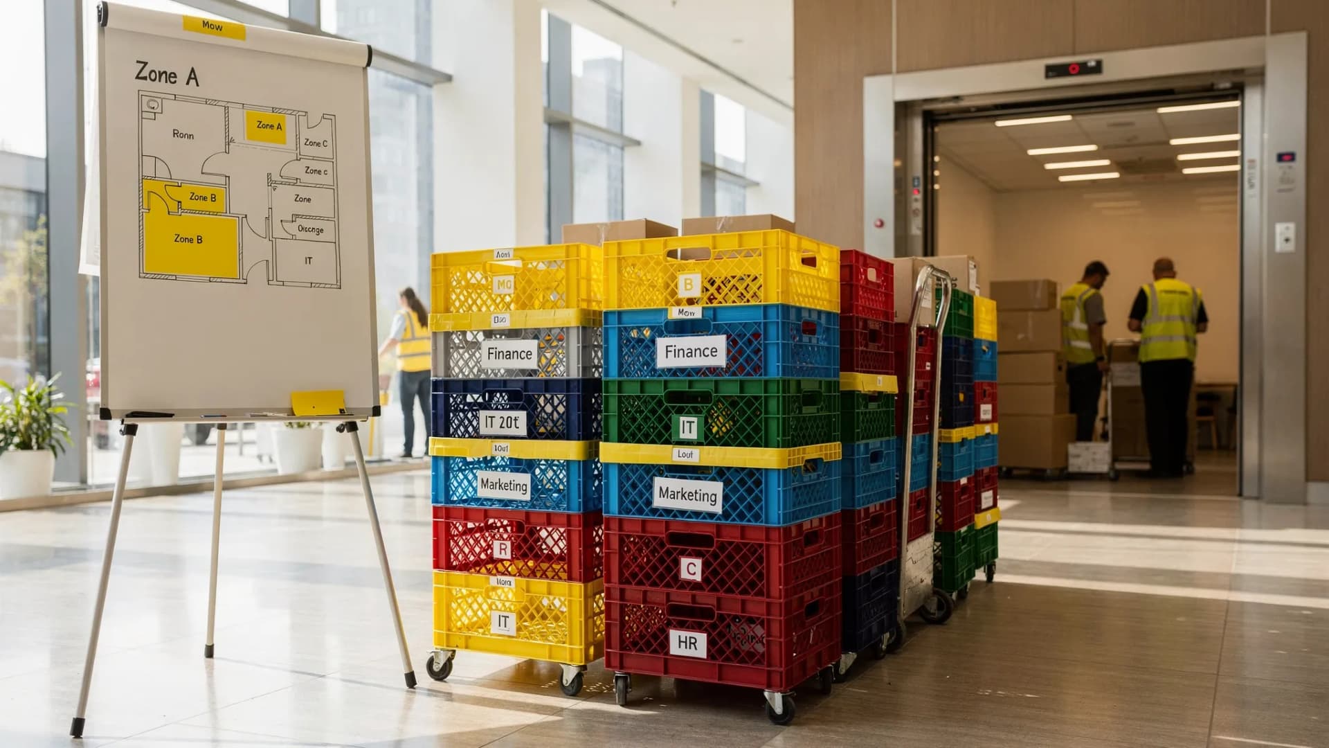 A staged office move-in area with color-coded crates by department, a whiteboard showing room zones, and a clear pathway to a service elevator for efficient delivery sequencing.