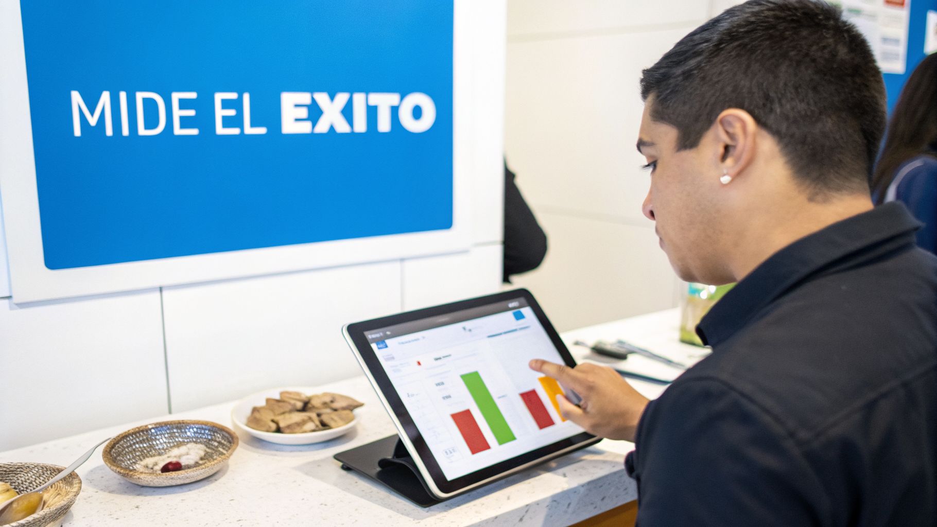 Un joven mide el éxito usando una tableta con gráficos de barras, en un mostrador moderno.