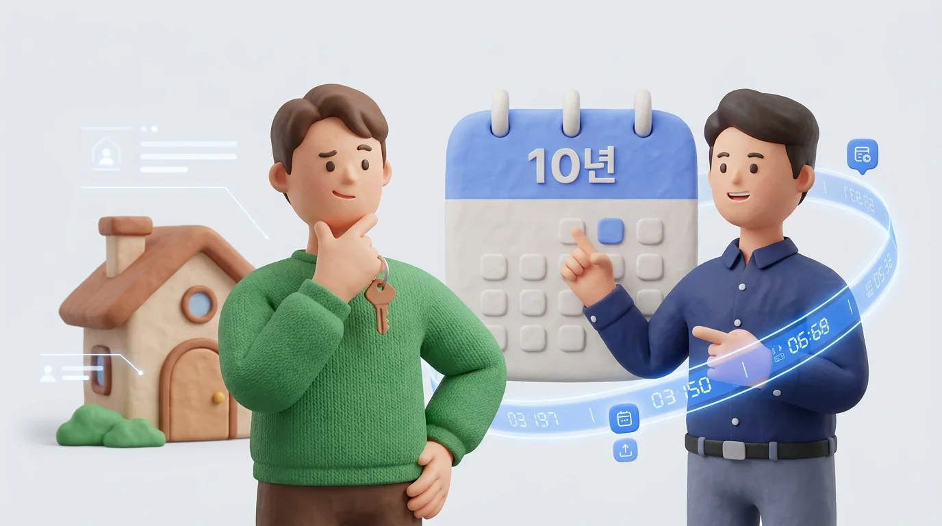 증여받은 집 앞에서 10년 매도 시점을 세무사와 상의하는 자녀