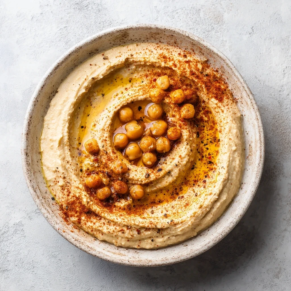 A plate filled with fresh hummus mixed with OYM olive oil