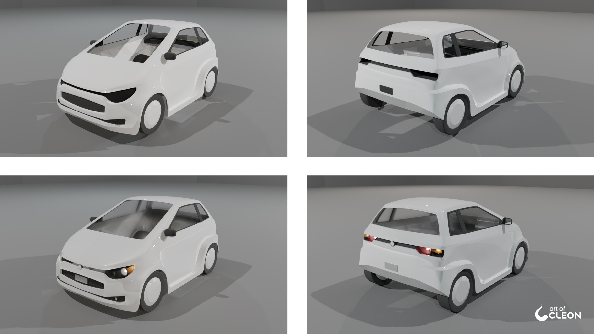 Later modeling stages adding windows, lights, wheels, mirrors, seams, and surface refinements to the JAD 3.