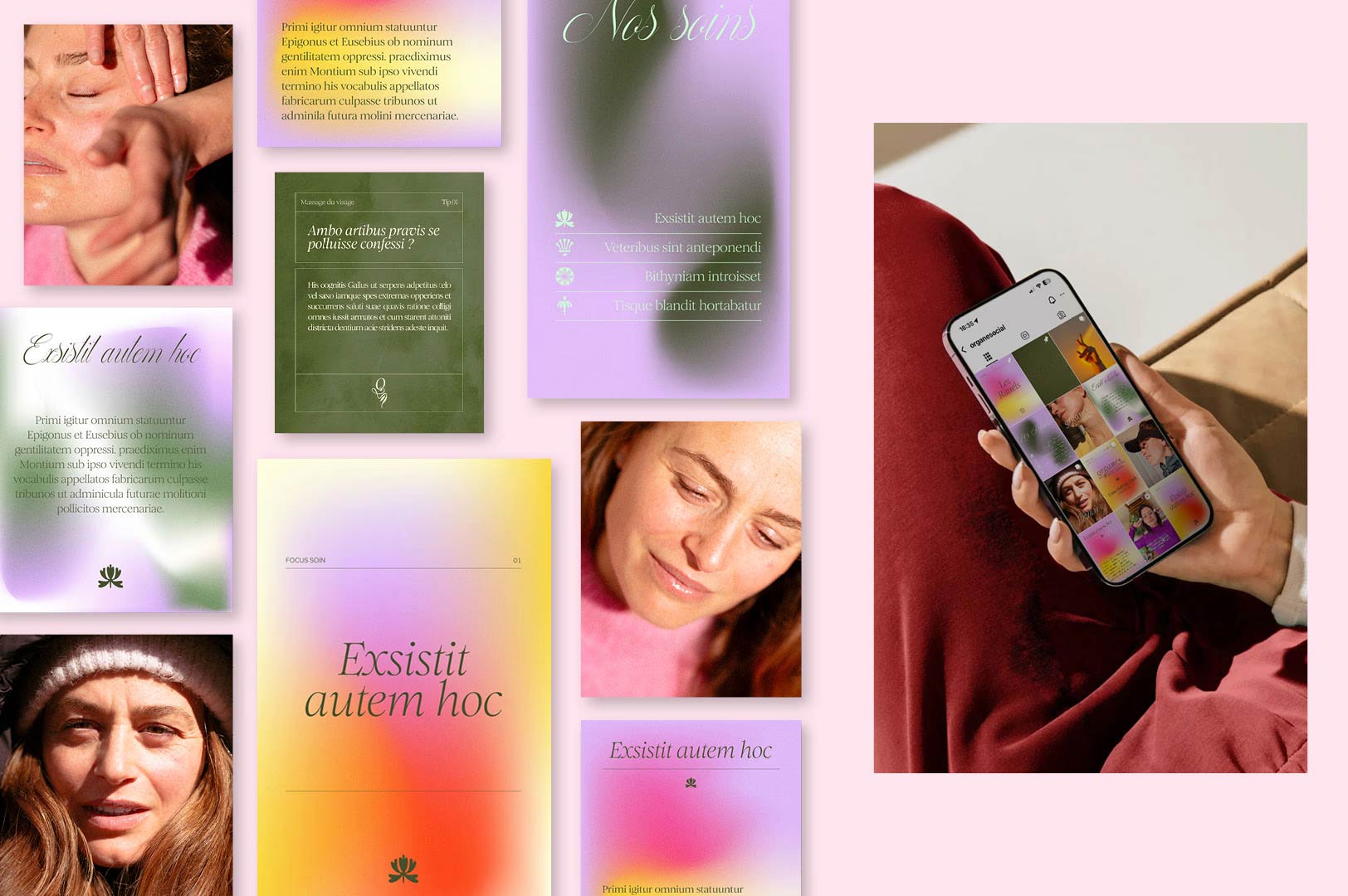 exemples de posts Instagram illustrant l’identité visuelle de la marque de soins Organe Sociale et sa direction artistique social media