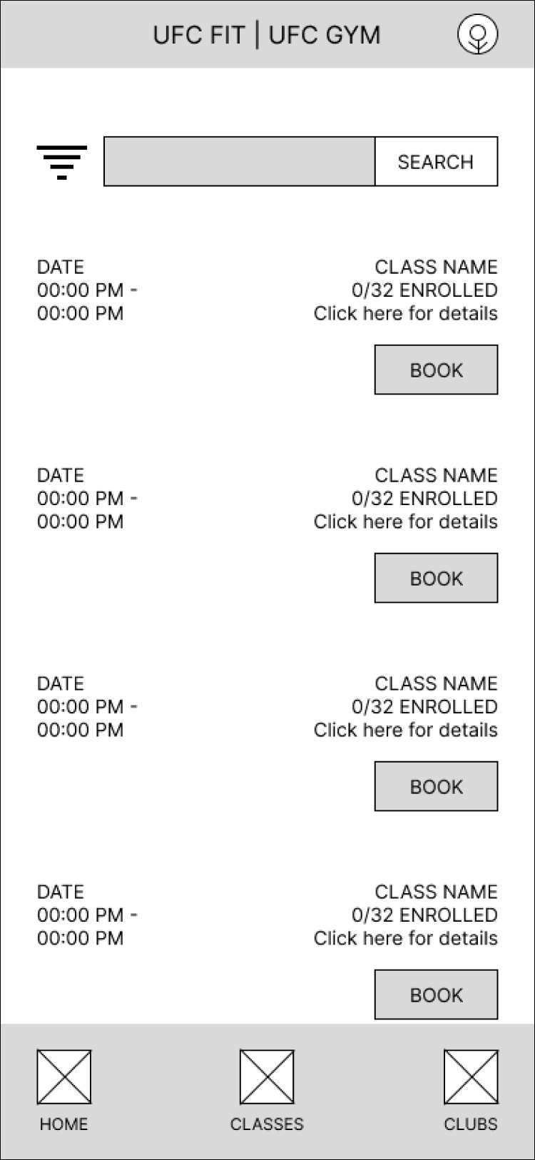 Low-fidelity class list wireframe