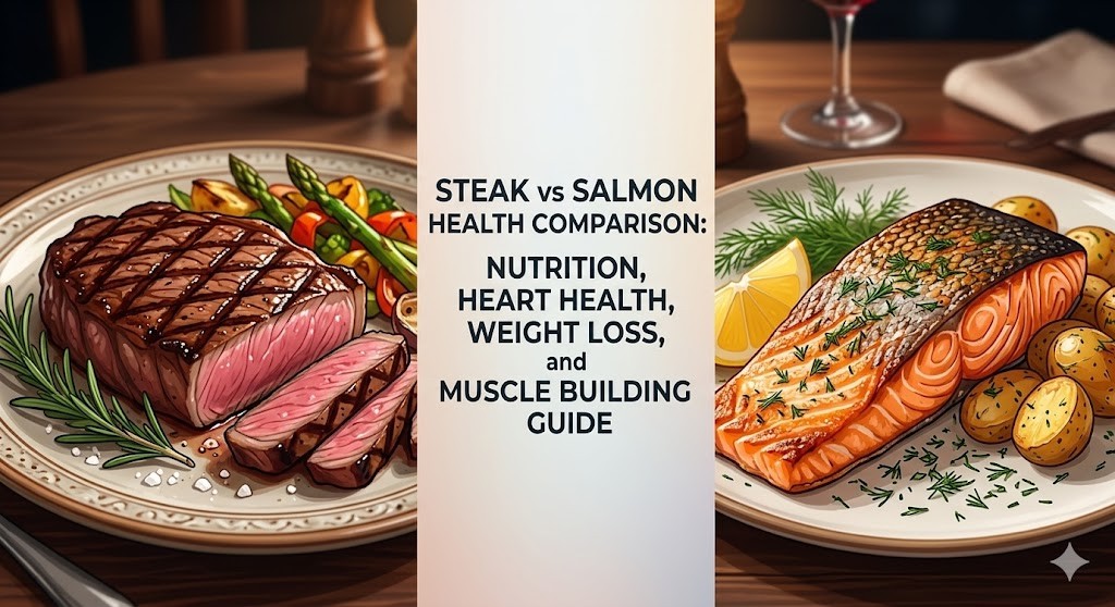 A modern cartoon style illustration for a healthy eating article. The image is split, with a grilled top sirloin steak and roasted vegetables on the left and a seared Atlantic salmon fillet with dill and potatoes on the right, served on an elegant wooden restaurant table. A central text overlay reads: 'Steak vs Salmon Health Comparison: Nutrition, Heart Health, Weight Loss, and Muscle Building Guide.'