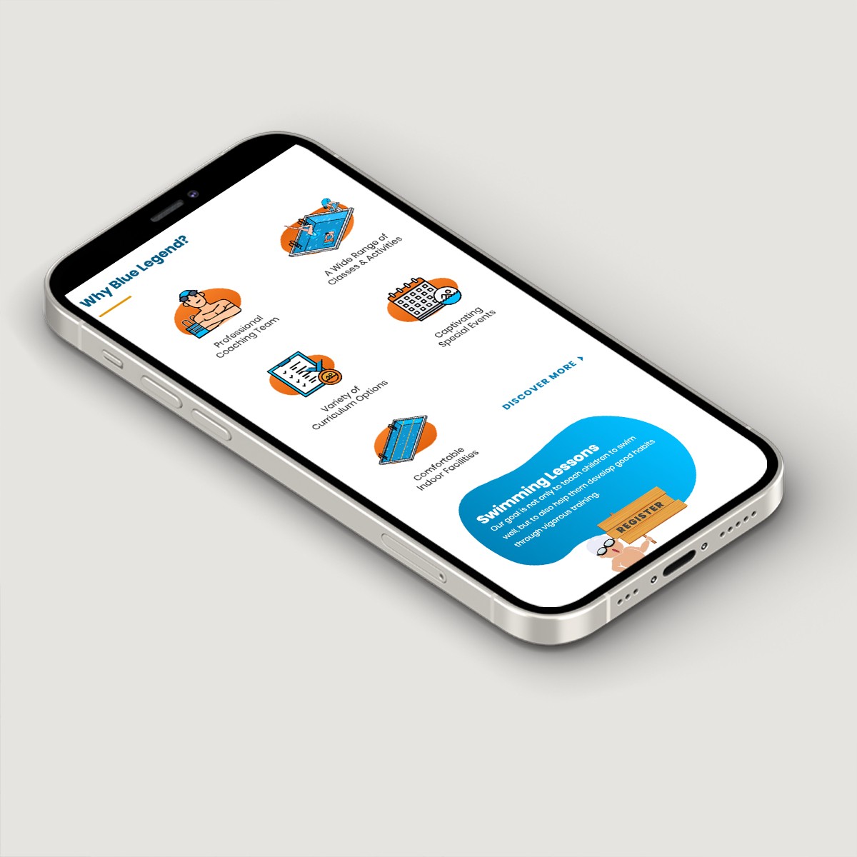 Mobile view of Blue Legend Swim School website highlighting program features and swim lessons.