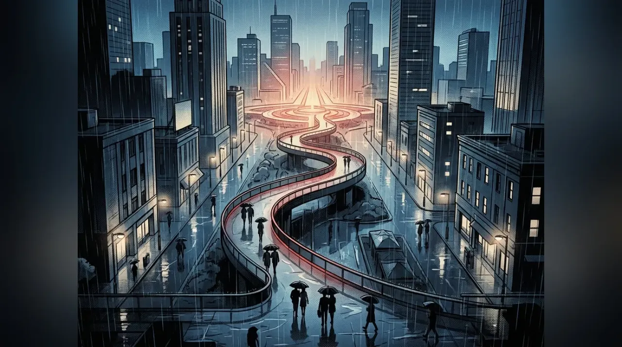 Cityscape at dusk viewed from a winding path; RockN' Socials Digital Marketing.