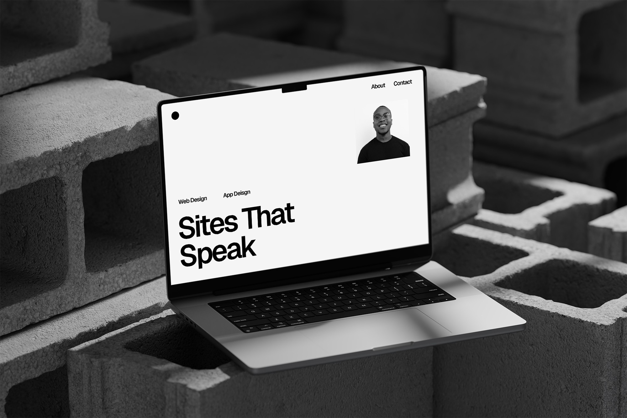 Laptop on concrete bricks, website on screen