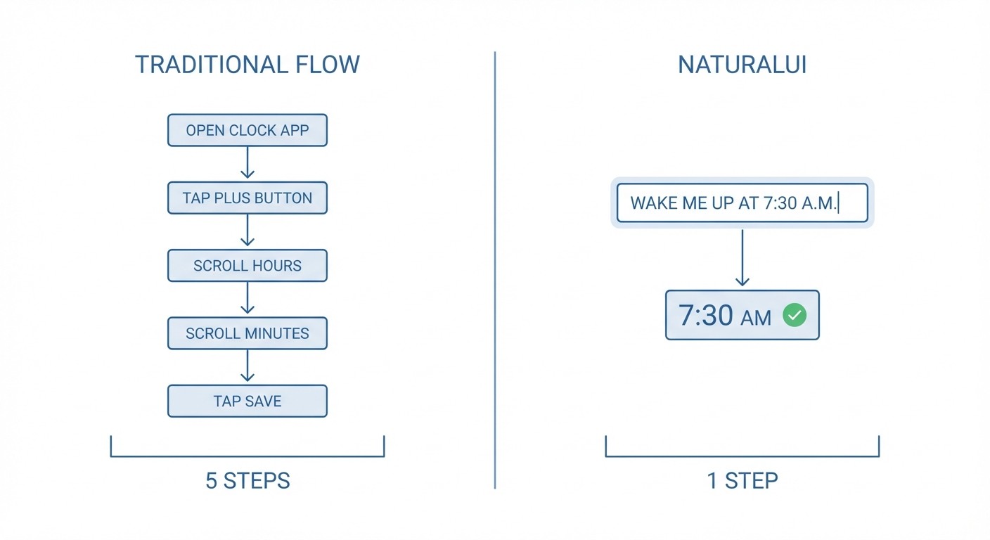 A side-by-side comparison showing a traditional multi-step process (like the standard alarm creation flow on iOS or macOS)