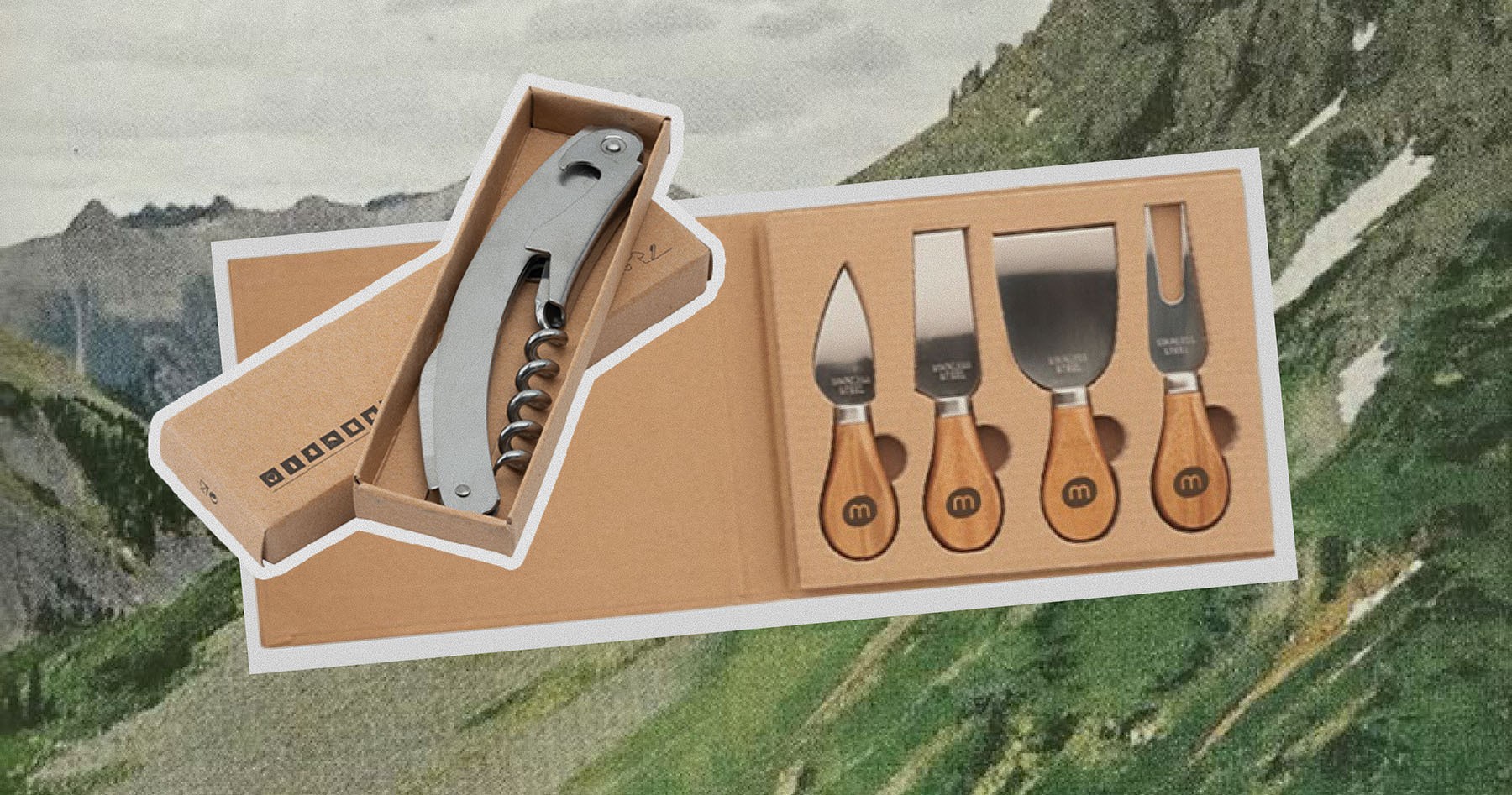 A custom branded cheese knife set with wooden handles, including a corkscrew, presented in a gift box, ideal for holiday gatherings.