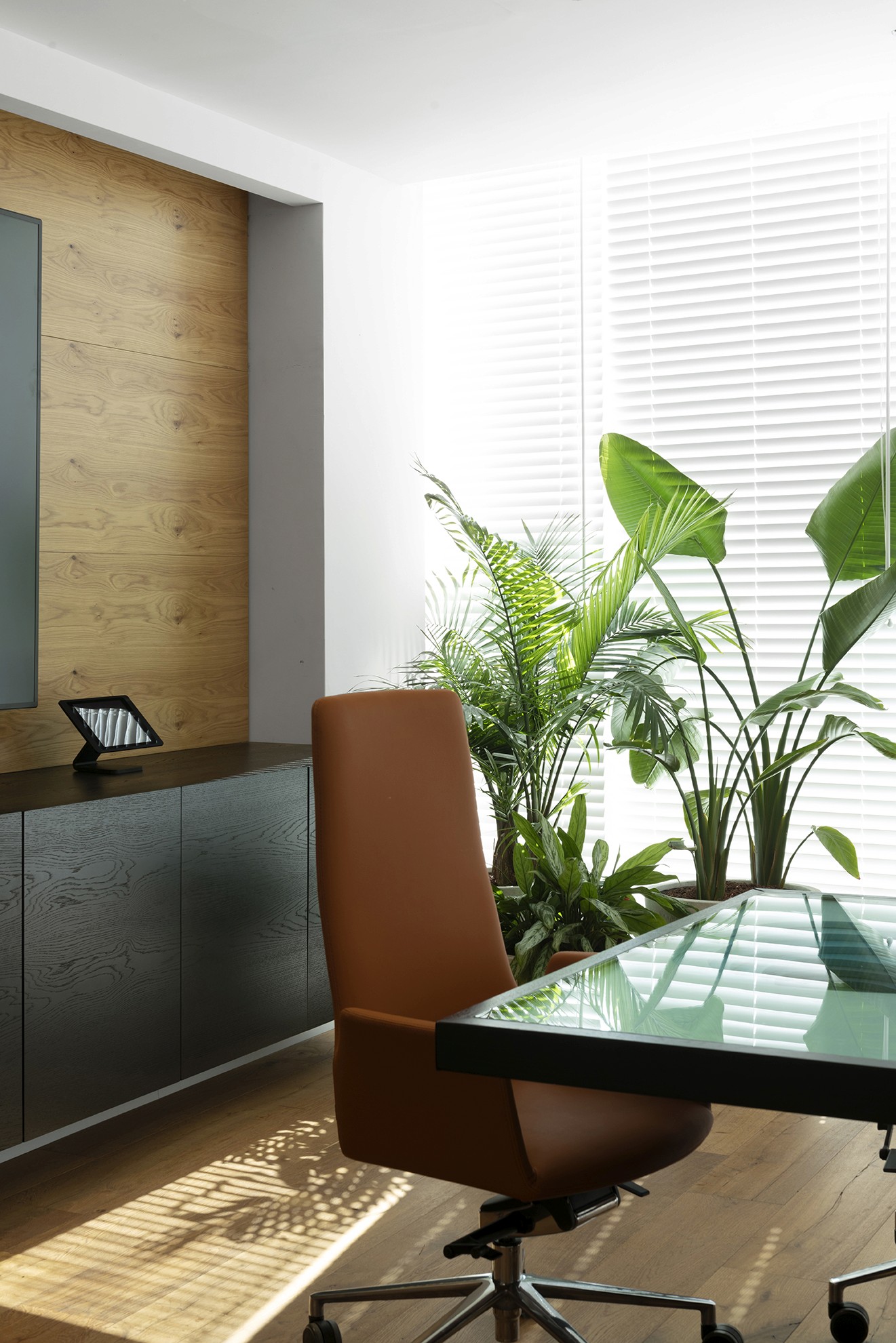 פרטי ריהוט: שילוב חומרים יוקרתי בין עור בגוון קוניאק של הכיסאות לבין המשטח המבריק והקר של שולחן הזכוכית.