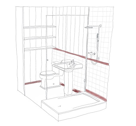 Blue Drench Drawing of the Bathroom