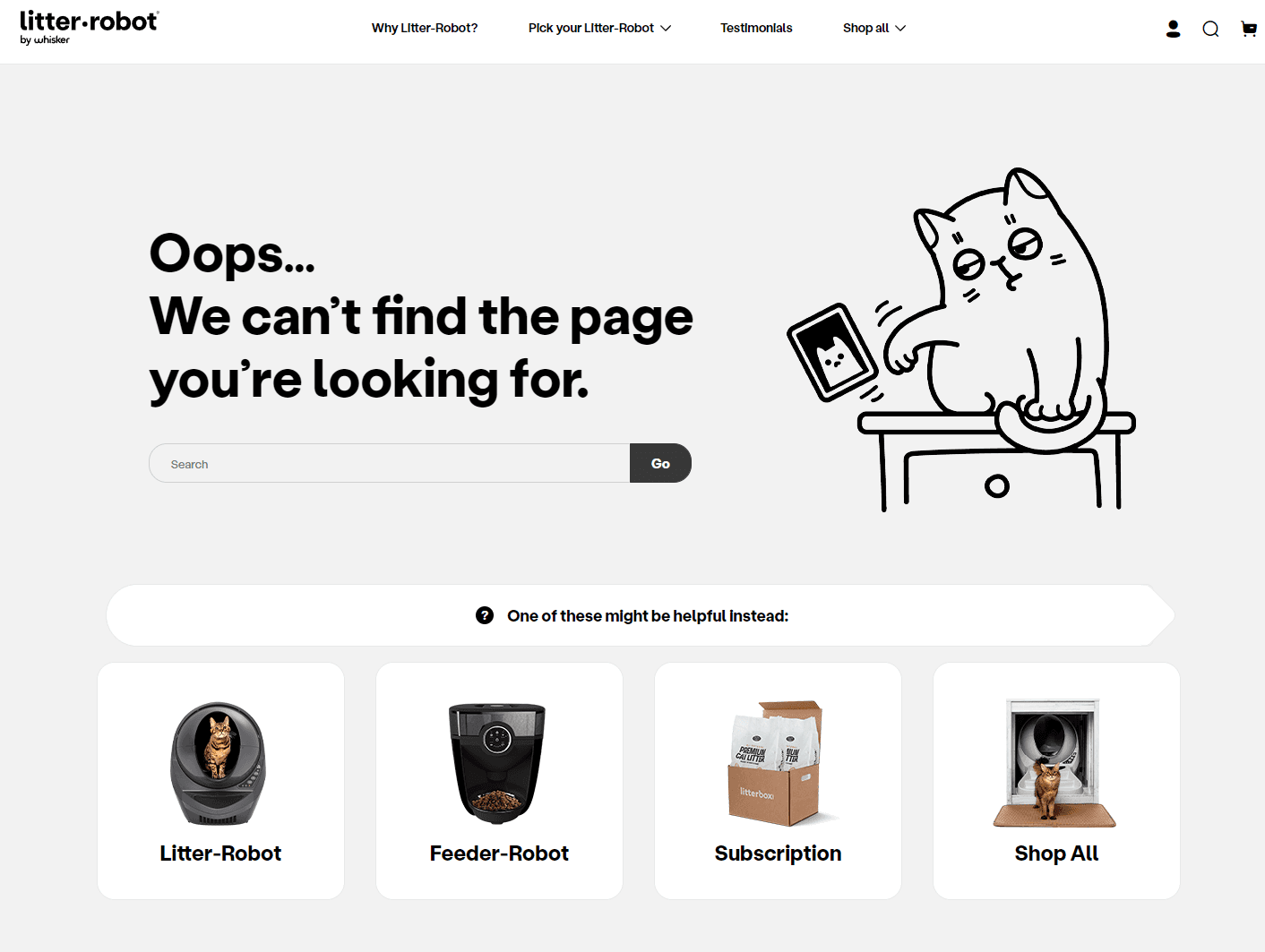 Litter-Robot's attractive and functional 404 landing page