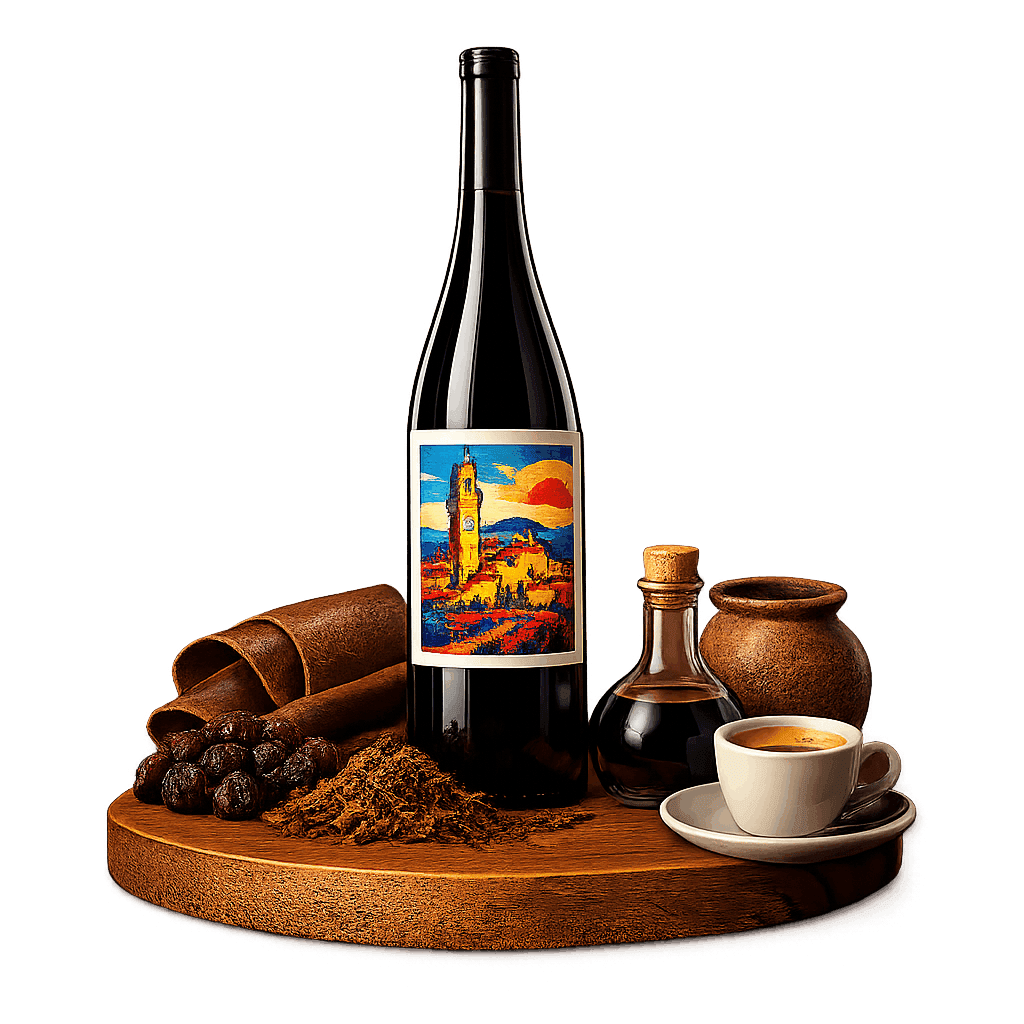 Artistic label and flavor profile for Tuscan Brunello di Montalcino on a rustic wooden table.