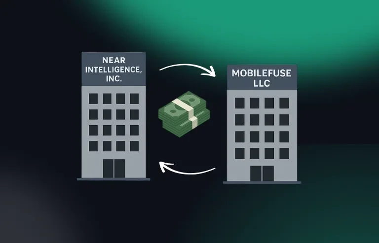 Illustration of two office buildings labeled ‘Near Intelligence, Inc.’ and ‘MobileFuse LLC’ with arrows pointing both ways between them. A stack of cash sits in the center, symbolizing money exchanged between the two companies.