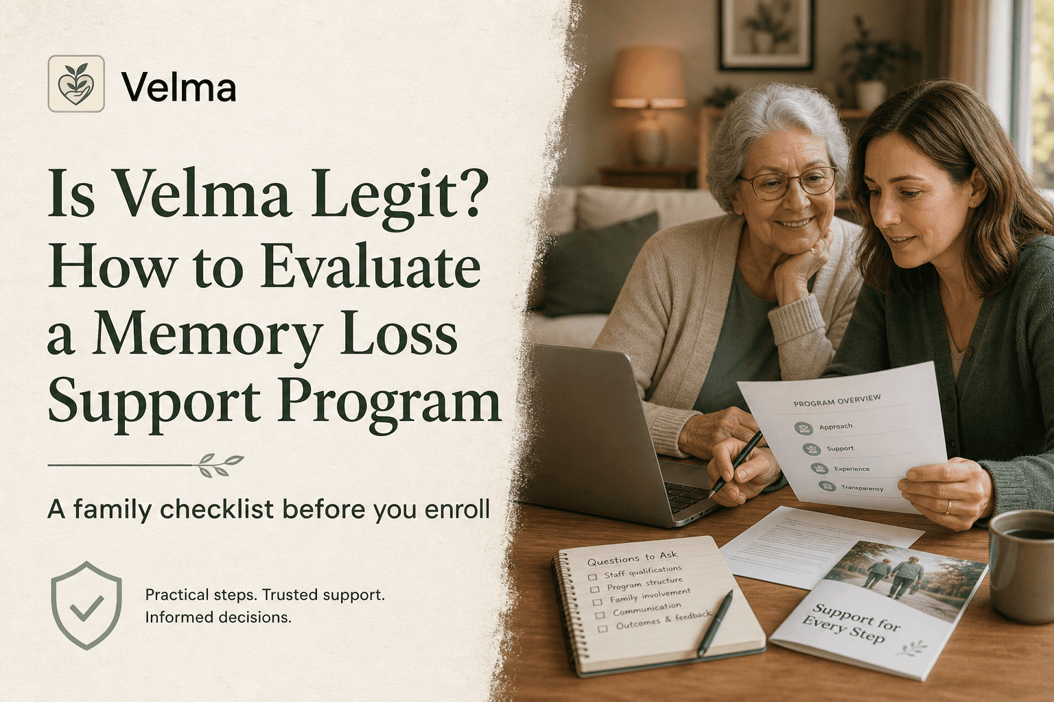 This image presents an informational guide from Velma on evaluating the legitimacy of a memory loss support program. It features a headline questioning 'Is Velma Legit?' alongside a subtitle outlining a family checklist for those considering enrollment. The visual shows an elderly woman and a younger woman, likely family members, reviewing program materials, which include a 'Program Overview' document and a checklist of questions about staff qualifications, program structure, family involvement, communication, and outcomes. The image emphasizes practical steps, trusted support, and informed decisions, making it suitable for families seeking guidance on selecting memory loss support services.