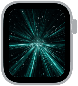 Animated Apple Watch face with a kinetic teal starburst of light radiating on a black background
