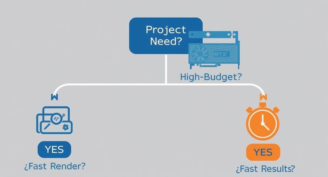 Decision flowchart showing rendering software selection based on project needs, budget, speed, and results requirements